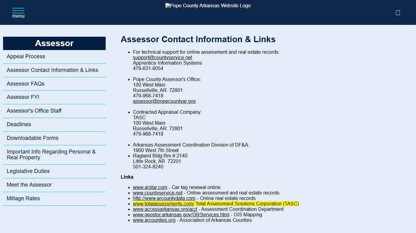 Assessor Contact Information & Links Pope County Arkansas